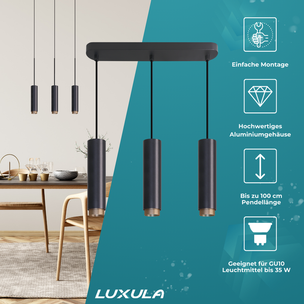 Schwarze dreiflammige Pendelleuchte mit Aluminiumgehäuse über Esstisch