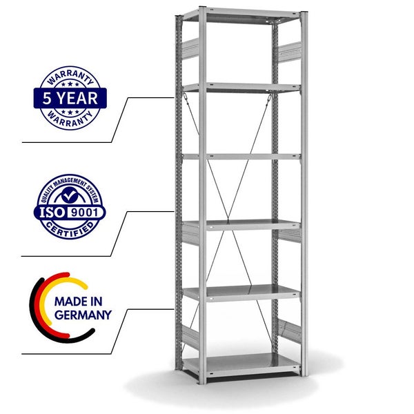 PROREGAL Fachbodenregal Stecksystem T-Profil Heavy-Duty Grundregal HxBxT 250 x 75 x 40 cm 6 Ebenen Fachlast 300 kg Einseitig Nutzbar Verzinkt