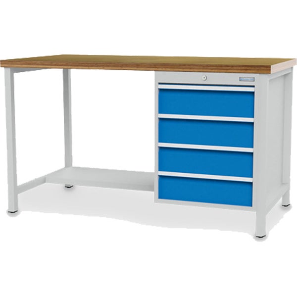 Werkbank mit massiver Holzplatte, vier blauen Schubladen auf der rechten Seite und einem stabilen Metallgestell in Grau.