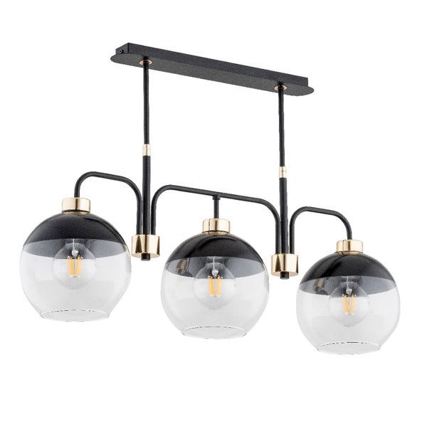 Moderne Pendelleuchte mit drei Glaskugeln und Metallgestell in Schwarz und Gold für die Deckenbeleuchtung.
