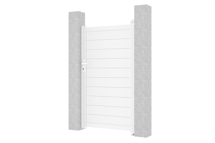 Einflügeliges Gartentor aus Aluminium mit horizontaler Lattenstruktur zwischen zwei Pfosten