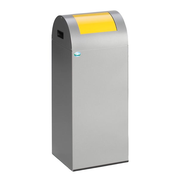 VAR Wertstoffsammler aus Metall mit abgerundetem Kopf, gelber Einwurfklappe und VAR Logo.