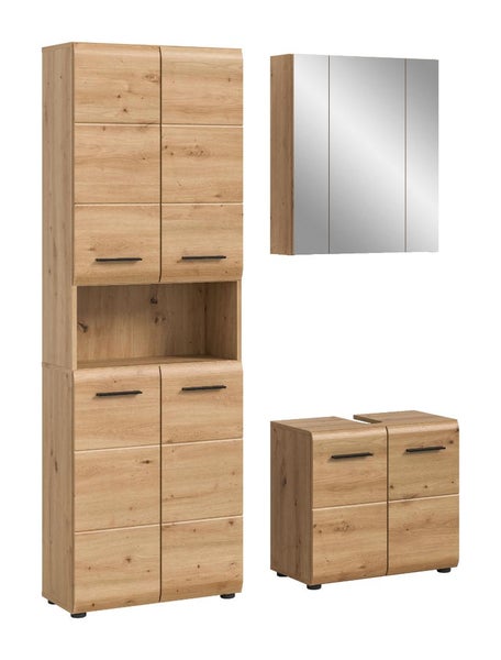 Dreiteiliges Badezimmermöbel-Set in Eichenoptik mit Hochschrank, Spiegelschrank und Waschbeckenunterschrank mit schwarzen Griffen.