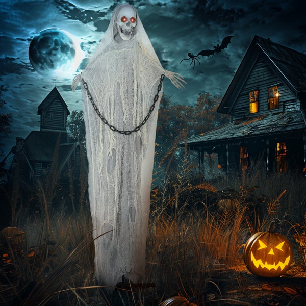 Dekorative Halloween-Szene mit einem Geister Skelett, Kürbissen und einem Spukhaus im Hintergrund.