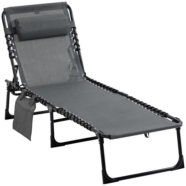 Outsunny Sonnenliege klappbar Gartenliege mit Kopfkissen, Seitentasche, Liegestuhl mit 5-Fach verstellbare Rückenlehne, wetterfeste Campingliege bis 120 kg belastbar, für Garten Strand Pool, Grau