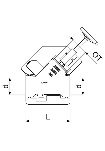 Technische Zeichnung eines Freistromventils mit Maßangaben für Durchmesser, Baulänge und die Höhe des Oberteils.