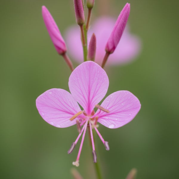 Nahaufnahme einer rosa Prachtkerze mit zarten Blütenblättern und Knospen an einem grünen Stängel.
