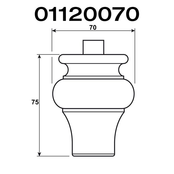 Technische Zeichnung eines Möbelfußes mit den Maßen 70 und 75 Millimeter.