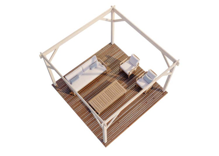 Holz-Pavillon mit Lounge-Möbeln auf einer Holzterrasse, quadratische Konstruktion aus hellem Holz mit Sofa, Sesseln und Tisch.