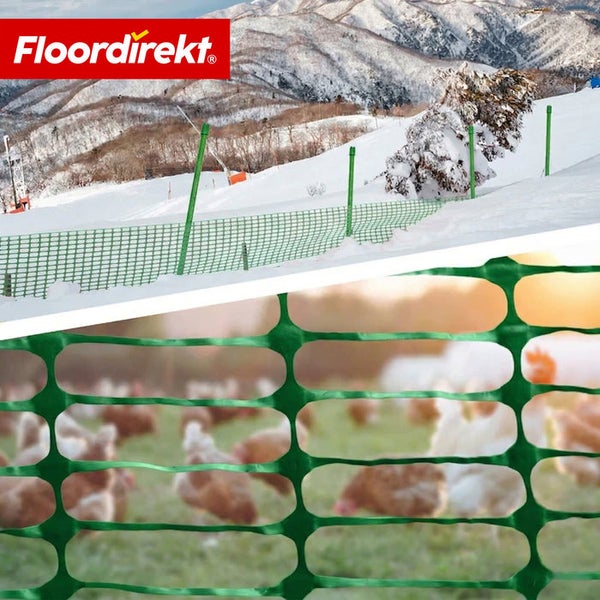 Grüner Kunststoffzaun als Fangzaun im Schnee und als Geflügelzaun für Hühner auf einer Wiese. Floordirekt Logo.