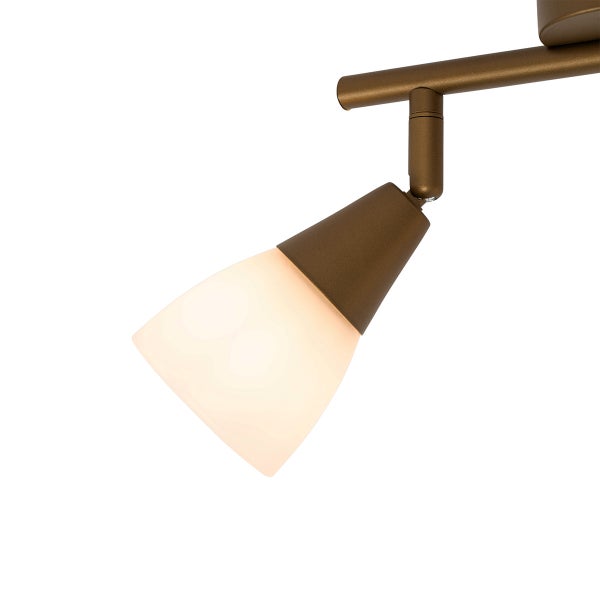Deckenstrahler mit verstellbarem Spot, bronzefarbenes Metallgehäuse und weißer Schirm aus Glas.