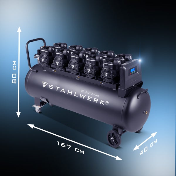 Stahlwerk ST-2010 PRO Kompressor mit den Maßen 80 cm Höhe, 167 cm Länge und 40 cm Breite.