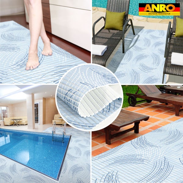 Bodenmatte mit blauem Wirbelmuster in Küche, Poolbereich und Terrasse, Detailansicht der Oberflächenstruktur und Unterseite. ANRO Logo.