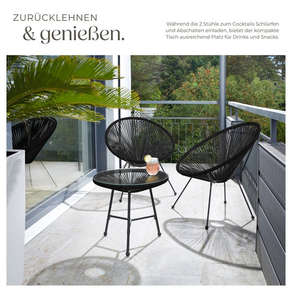 2 Gartenstühle Santana mit Tisch tectake  Belastbarkeit Stuhl 120 kg Retro-Design im Acapulco-Stil schwarz