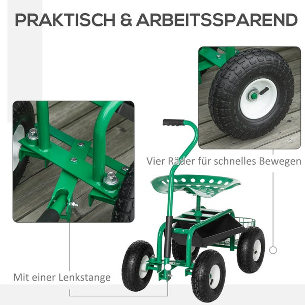 Outsunny Gartenwagen mit Rollsitz, 98cm x 45cm x 87cm, Metall+Gummi, Grün