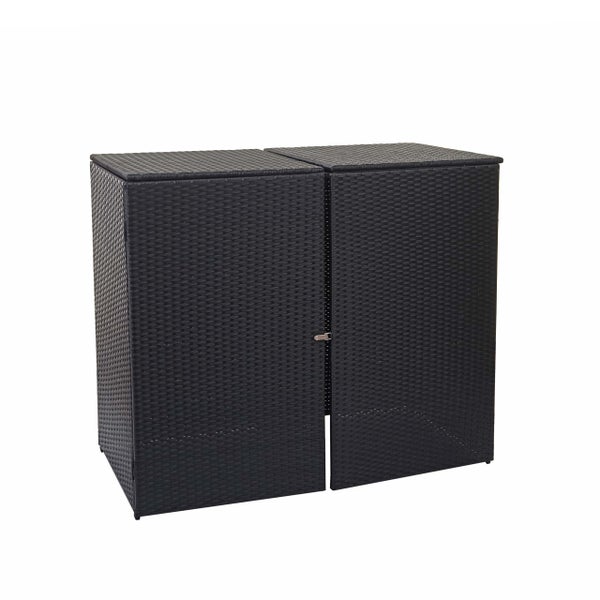 Doppel-Mülltonnenbox aus schwarzem Polyrattan mit einem geöffneten Deckel.