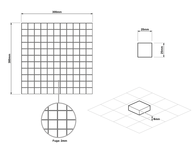 Technische Zeichnung einer Mosaikfliese mit den Maßen 300 mm x 300 mm, Einzelmaße 25 mm x 25 mm, Fugenbreite 2 mm