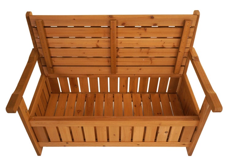 Gartenbank aus Holz mit Armlehnen, aufklappbarem Sitz und integriertem Stauraum.