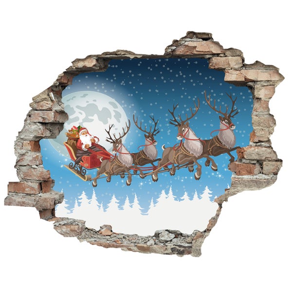 3D Wanddurchbruch  selbstklebender Sticker Fliegender Weihnachtsmann WS16029_60x50 cm  Weihnachten Deko für die Wand