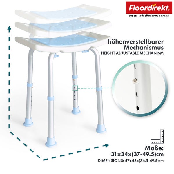 Höhenverstellbarer Duschhocker mit den Maßen 31 mal 34 mal 37 bis 49,5 Zentimeter
