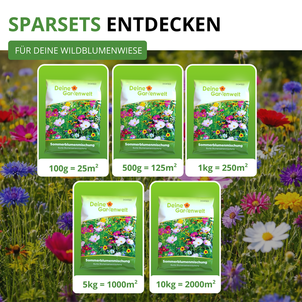Sommerblumenmischung von Deine Gartenwelt in Sparsets von 100 Gramm bis 10 Kilogramm für eine Wildblumenwiese von 25 bis 2000 Quadratmetern.