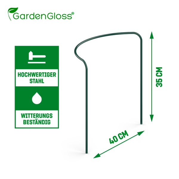 GardenGloss® Strauchstützen aus beschichtetem Stahl (5 Stück) - Staudenhalter halbrund 35cm x 40cm - Blumenstütze für Hortensien und Rosen - Pflanzenstütze aus Stahl