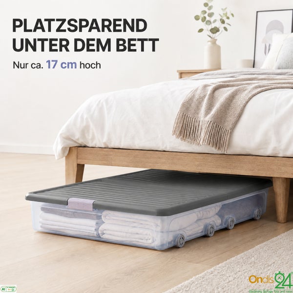 Flache Unterbettkommode aus Kunststoff mit Deckel und Rollen zur platzsparenden Aufbewahrung von Textilien unter dem Bett.