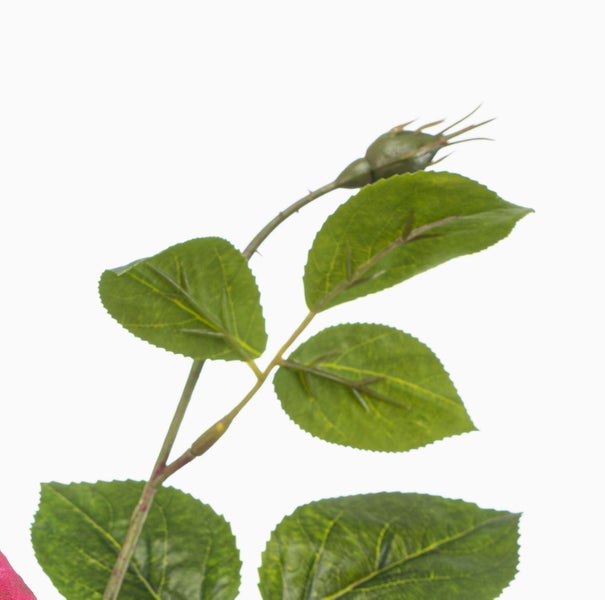Künstlicher Rosenzweig mit grünen Blättern und einer Knospe.