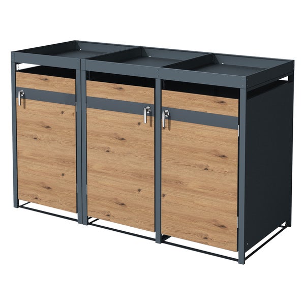 ML-Design Mülltonnenbox 3er mit Pflanzdach für 3 Tonnen, 240L 200x80x124 cm, Eiche-Optik, Stahl, wetterfest, Abschließbare Mülltonnenverkleidung mit Tür, Müllbox Mülltonnecontainer Mülltonnenabdeckung