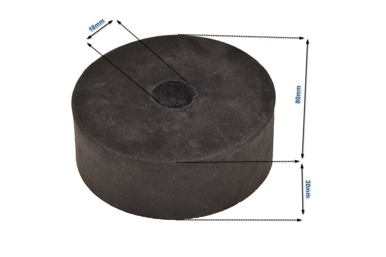 Runder Gummipuffer mit mittiger Bohrung, Durchmesser 80 Millimeter, Höhe 30 Millimeter, Bohrungsdurchmesser 18 Millimeter.