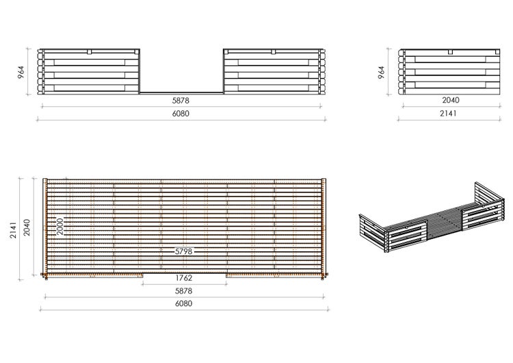 Veranda zum Gartenhaus 6x2 m - Farbe Holz