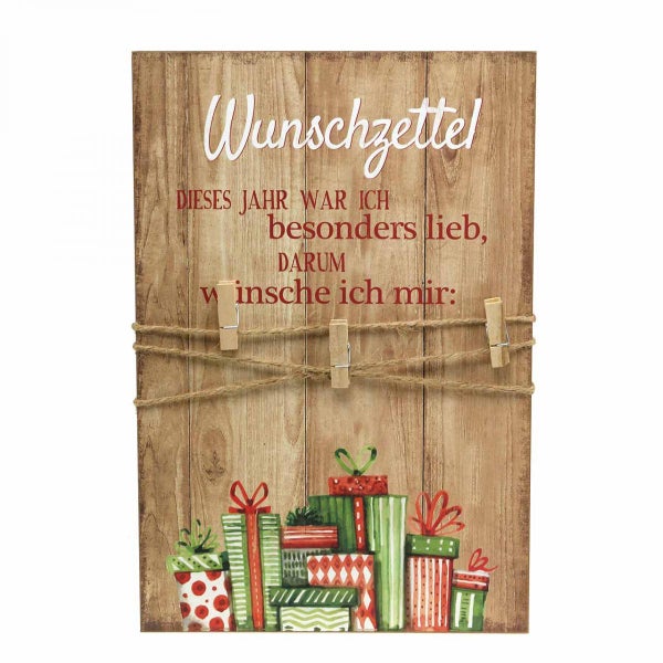 Dekoratives Wunschzettel-Schild mit Wäscheklammern und Geschenkabbildung