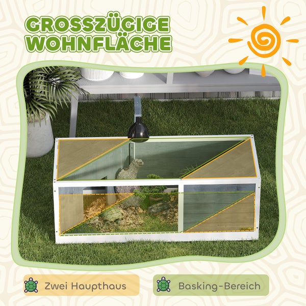 PawHut Schildkrötenhaus aus Holz, Schildkrötengehege mit zwei Haupthäusern, aufklappbarem Oberseite, Lichtständer, transparenter Frontplatte, 120 x 50 x 40 cm, Grau