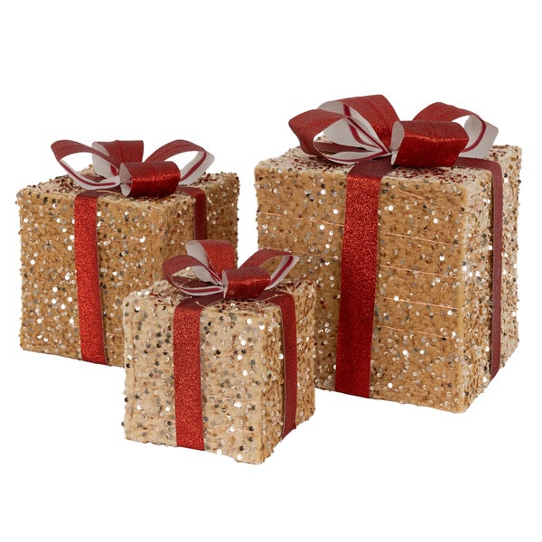 ECD Germany 3er Set LED Geschenkboxen Weihnachten mit Schleifen, Hellbraun-Rot, Warmweiß, batteriebetrieb, mit Timer, Weihnachtsdeko Geschenk Beleuchtet Weihnachtsbaum Dekoration Weihnachtsgeschenkbox