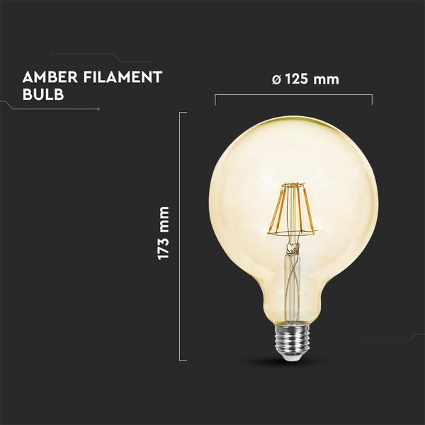 G125 LED-Filament-Leuchtmittel aus bernsteinfarbenem Glas mit E27-Sockel, flimmerfrei, quecksilberfrei und ohne UV-Strahlung.