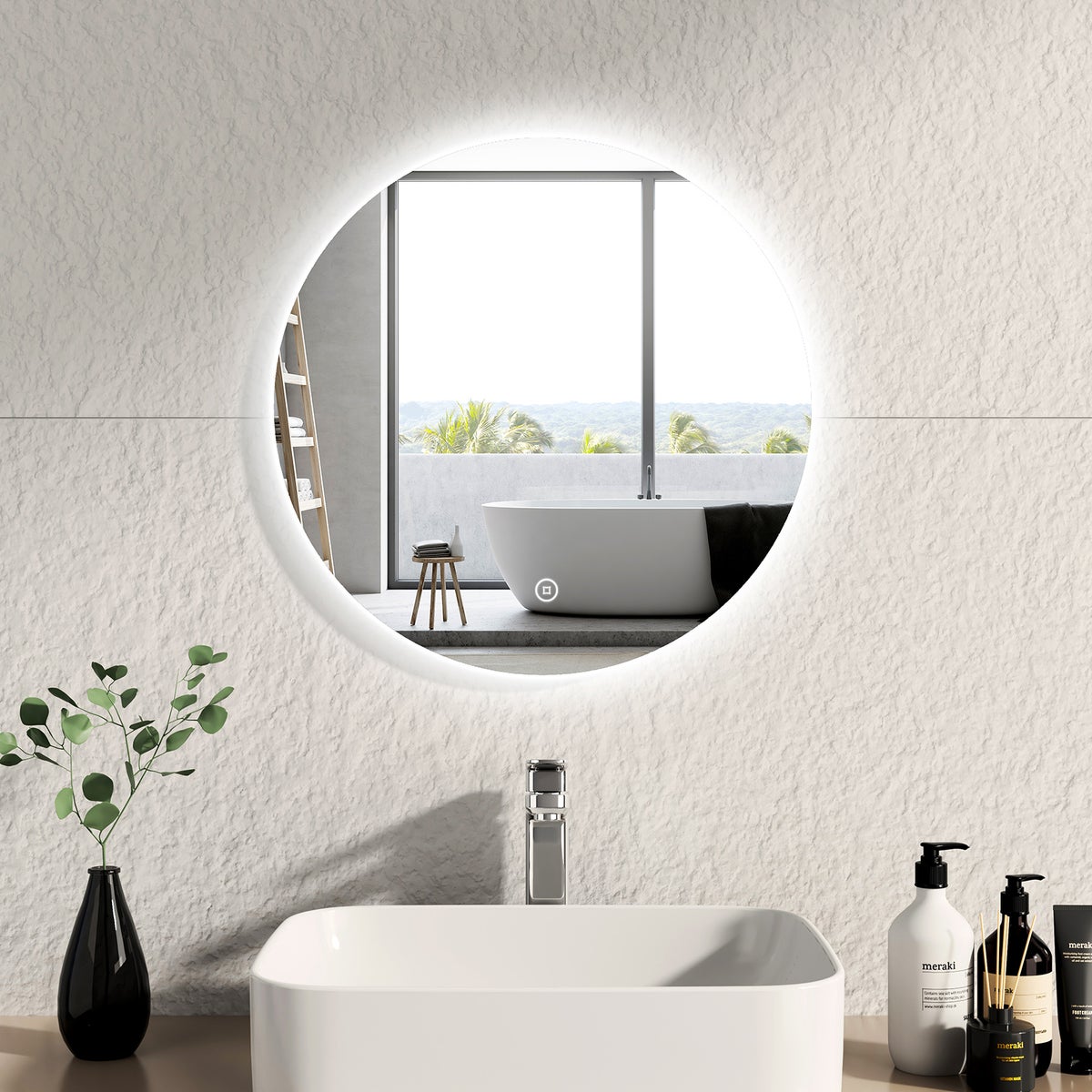 EMKE Badspiegel mit Beleuchtung mit Touch ф50cm,Dimmbar
