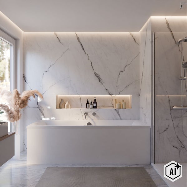 Modernes Badezimmer mit Marmorfliesen, rechteckiger Badewanne, integrierter Nische mit Beleuchtung und angrenzender ebenerdiger Dusche.