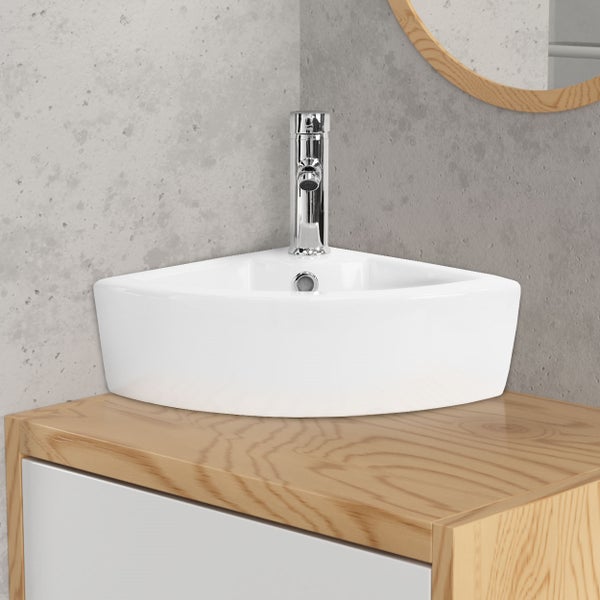ML-Design Waschbecken Eck aus Keramik in Weiß, 46 x 33 x 13 cm, Eckig, Wandmontage/Aufsatzwaschbecken, Eckwaschbecken mit Überlauf, Hängewaschbecken Waschtisch Waschschale Waschplatz Handwaschbecken