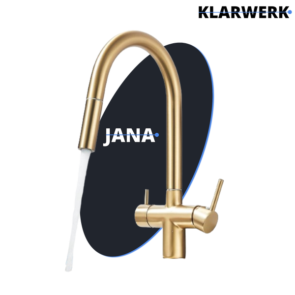 Goldene Küchenarmatur mit hohem Rundbogenauslauf und fließendem Wasser. JANA Logo.