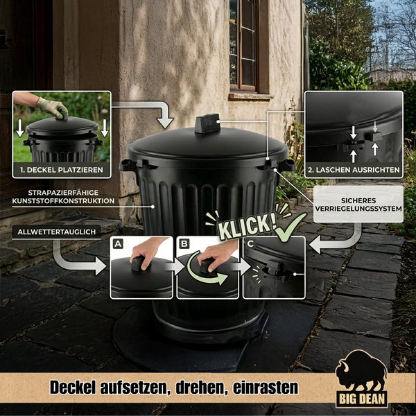 Anleitung zur Nutzung des Big Dean Mülleimers mit verriegelbarem Deckel aus strapazierfähigem Kunststoff für den Außenbereich.
