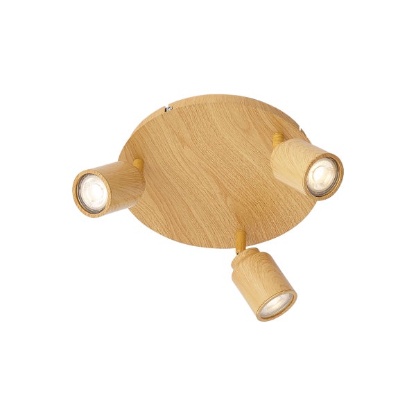 Drei flammiger LED Deckenstrahler aus Holz in runder Form