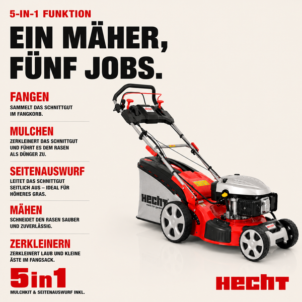 Hecht Benzin-Rasenmäher mit 5 in 1 Funktion zum Mähen, Mulchen, Seitenauswurf, Fangen und Zerkleinern von Laub.