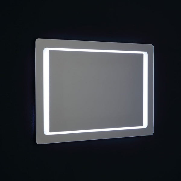 Rechteckiger Badezimmerspiegel mit integriertem LED-Lichtrahmen.