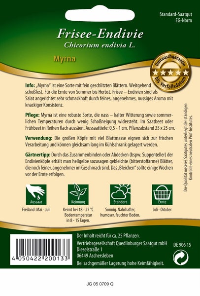 Rückseite der Saatgutpackung für Frisée-Endivie Myrna mit Informationen zu Anbau, Pflege, Standort sowie Aussaat- und Erntezeiten.