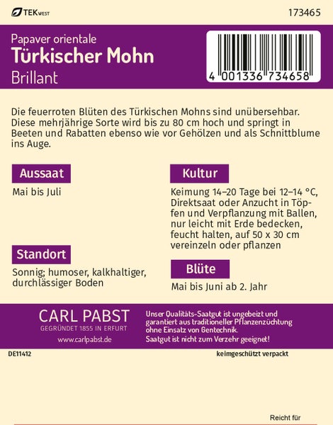 Rückseite einer Samentüte für Türkischen Mohn Brillant mit Aussaat- und Pflegehinweisen sowie dem Carl Pabst Logo.