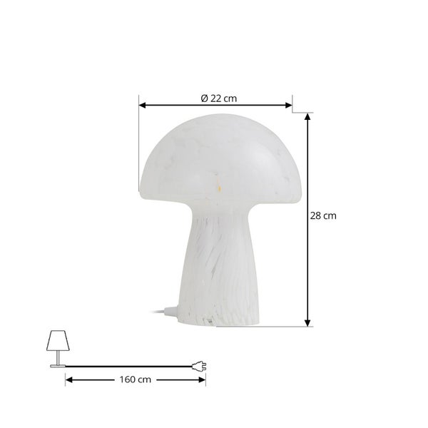 Abmessungen der weißen Pilzlampe aus Glas: 28 cm hoch, 22 cm Durchmesser des Lampenschirms und 160 cm Kabellänge.