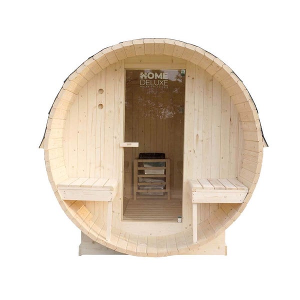 Fasssauna aus Holz von Home Deluxe mit Glasfront und Außenbänken für den Garten