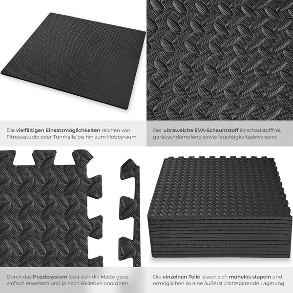 Schwarze, rutschfeste Puzzlematte aus EVA-Schaumstoff für Fitness, Sport oder Hobby.