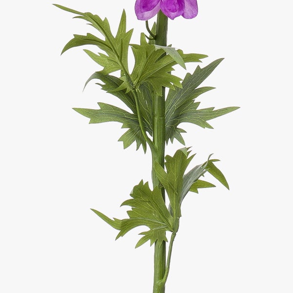 Künstliche Anemone mit grünem Stiel, gezackten grünen Blättern und einer violetten Blüte.
