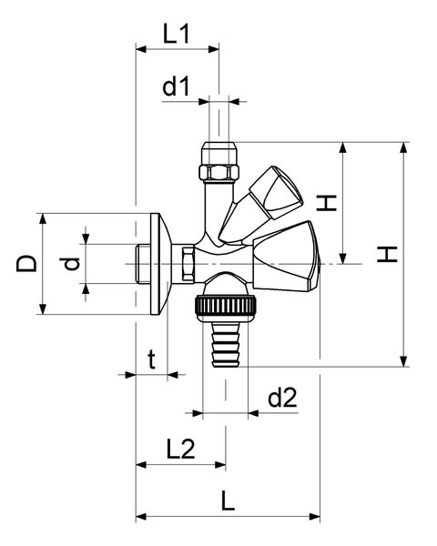 Maßzeichnung eines Kombi-Eckventils mit Geräteanschluss und verschiedenen Maßangaben wie Länge und Höhe.